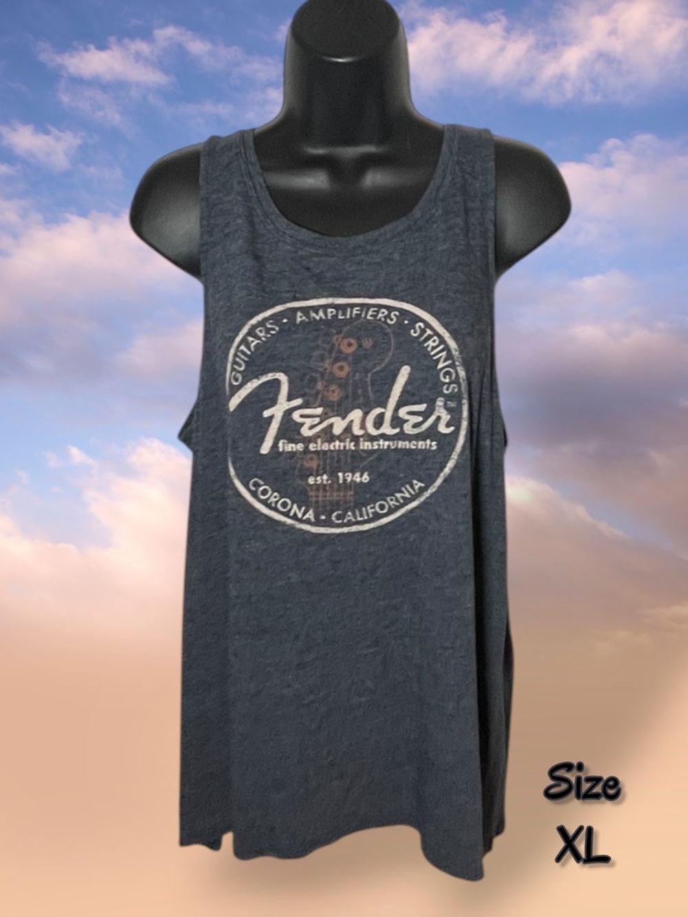 Fender Guitars Burnout Blue Graphic Tank Top Lucky Brand Size XL